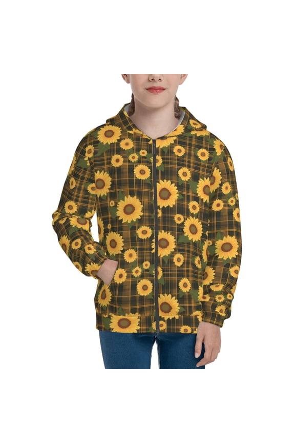 Vintage Plaid Sunflower Teenage Zipper Hoodie, Long Sleeve Zip Up Hoodies Casual Jackets Tops for 7-12 Years-