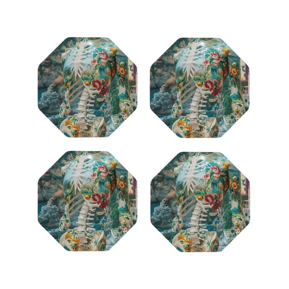 Naloa Vintage Print Island Skull Leather Coasters for Drinks, Durable Drink Coasters 4 Set for Tabletop Protection, Luxurious Home Décor and Housewarming Gift ( {designName})Octagon