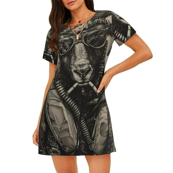 Naloa Vintage Ram Pilot Print Women Nightgowns,Womens Loungewear,Short Sleeve Sleepwear,Comfy Ladies Nightdress