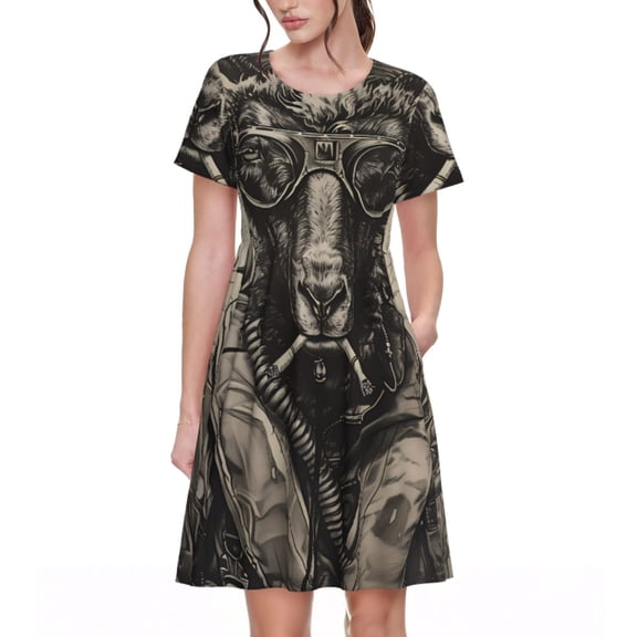 Naloa Vintage Ram Pilot Print Womens Summer A-Line Dress with Pockets,Short Sleeve Dresses,Flowy Beach Swing Dress for Vacation Travel