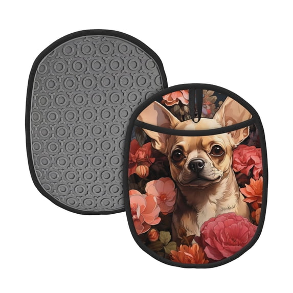 Naloa Vintage Red Flower Chihuahua Silicone Pot Holders, Oven Mitts Heat Resistant Hot Pads, Non Slip Pot Holder for Kitchen Baking and Cooking 9.4 x 7.5 Inches