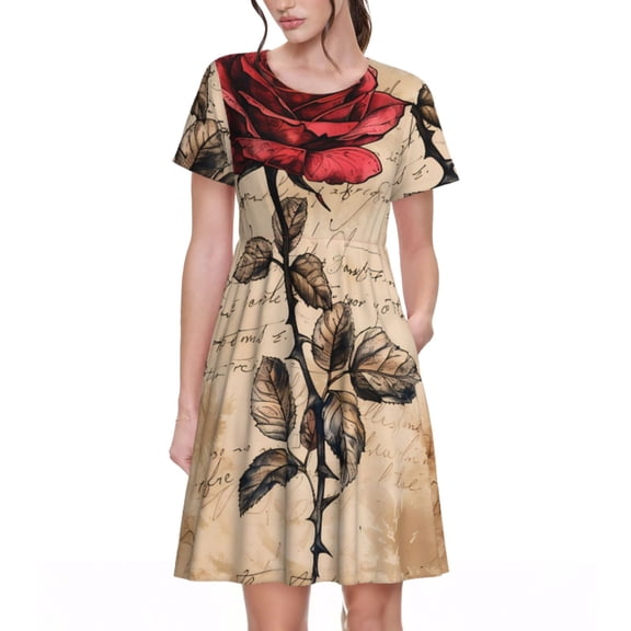 Naloa Vintage Rose Botanical Art Print Womens Summer A-Line Dress with Pockets,Short Sleeve Dresses,Flowy Beach Swing Dress for Vacation Travel