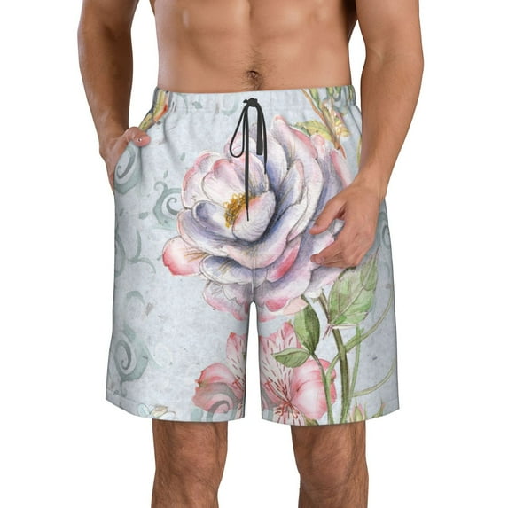 Naloa Vintage Rose Men's Beach Shorts, Surfing shorts, Swim trunks, Quick Dry Swim Trunks for Surfing Beach Fun - Small