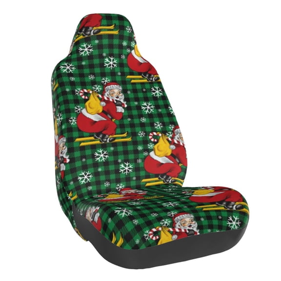 Naloa Vintage Santa Skiing Green Plaid Car Seat Covers Universal Front Seat Coves for Car Accessories ,Padded Car Covers for Automotive, SUV, Truck, and Van