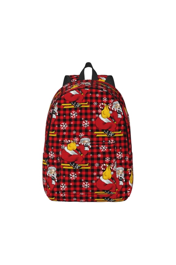 Vintage Santa Skiing Red Plaid Canvas Backpack for Men Women Rucksack Casual Travel Daypack College Tote Satchel Bookbag for Teens-Small