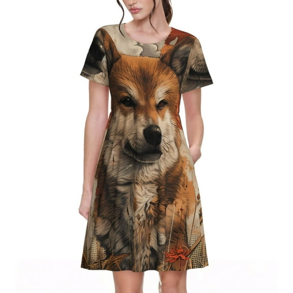 Naloa Vintage Shiba Inu Art Print Womens Summer A-Line Dress with Pockets,Short Sleeve Dresses,Flowy Beach Swing Dress for Vacation Travel