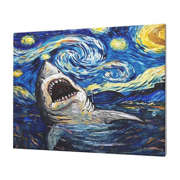 Naloa Vintage Starry Sky Shark Print Canvas Picture,Wall Pictures, Modern Decorative Poster,Art Prints for Bedroom, Toilet, 40 x 30 cm, Built-in Wooden Frame