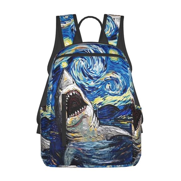 Naloa Vintage Starry Sky Shark Print Lightweight DayBackpack Suitable for school, work, shopping, travel, etc.