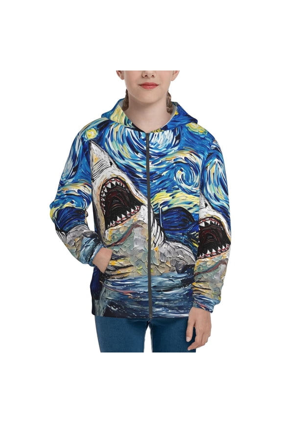 Vintage Starry Sky Shark Teenage Zipper Hoodie, Long Sleeve Zip Up Hoodies Casual Jackets Tops for 7-12 Years-Medium