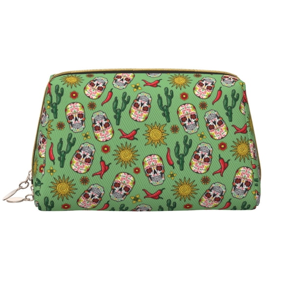 Naloa Vintage Sugar Skull Leather Makeup Bag for Purse Travel, Portable Small Cosmetic Organizer for Women and Girls, Make up Bag with Zipper