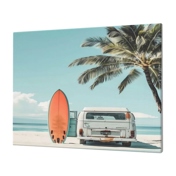 Naloa Vintage Surf Van Beach Print Canvas Picture,Wall Pictures, Modern Decorative Poster,Art Prints for Bedroom, Toilet, 40 x 30 cm, Built-in Wooden Frame