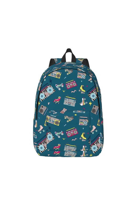 Vintage Tape Players And Skates Canvas Backpack for Men Women Rucksack Casual Travel Daypack College Tote Satchel Bookbag for Teens-Medium