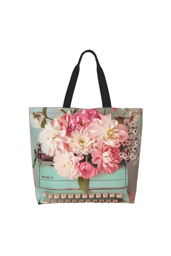 Vintage Typewriter Floral Tote Bag for Women Large Capacity Shoulder Bag for College Work Travel Shopping
