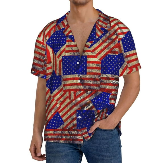 Naloa Vintage USA Flag Men's Loose Fit Cuban Collar Short-Sleeve Shirt, Hawaiian Shirts, Mens Shirts Casual for Everyday Wear Outings-Medium
