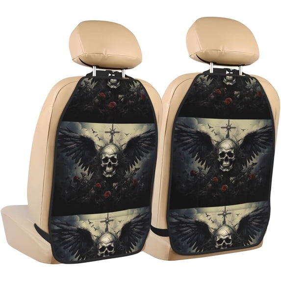 Naloa Vintage Winged Rose Skull 2Pcs Anti-Kick Back Seat Cover Kick Mat, Car Seat Protector with 3 Storage Pockets
