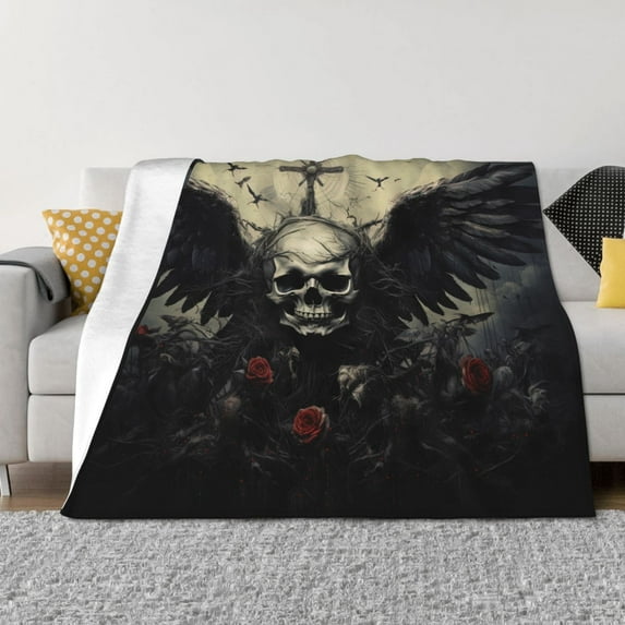 Naloa Vintage Winged Rose Skull Flannel Blankets - Thick and Warm Blanket for Winter, Soft Fuzzy Plush King Blanket for All Seasons60"x50"