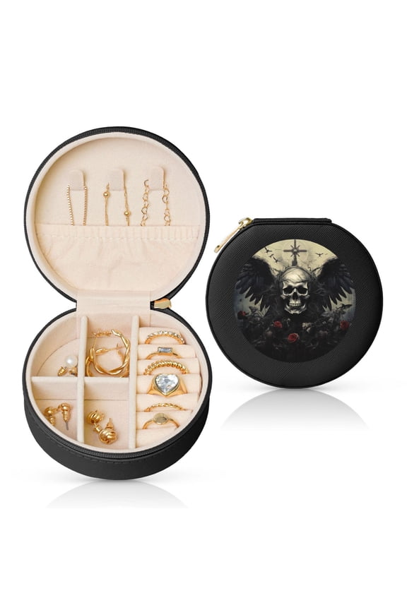 Vintage Winged Rose Skull Round Jewelry Box, Travel Jewelry Organizer, 3.9 x 3.9 x 2in Jewelry Storage Box for Women-Black