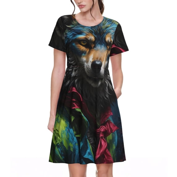 Naloa Vintage Wolf Warrior Print Womens Summer A-Line Dress with Pockets,Short Sleeve Dresses,Flowy Beach Swing Dress for Vacation Travel