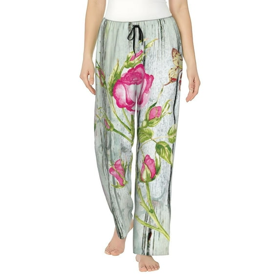 Naloa Vintage Wood Background with Floral Print Women’s Ultra-Soft Comfy Pajama Lounge Pants with Pockets & Drawstring