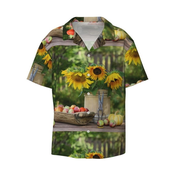 Naloa Vintage Wooden Bucket Men's Loose Fit Cuban Collar Short-Sleeve Shirt with Button-down and Chest Pocket for Everyday Wear Outings - Medium