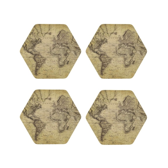 Naloa Vintage World Map Leather Coasters for Drinks, Durable Drink Coasters 4 Set for Tabletop Protection, Luxurious Home Décor and Housewarming Gift ( {designName})Hexagon