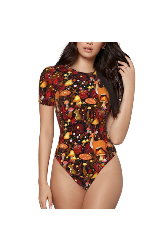 Warm Forest Plants and Deer Bodysuits for Women, Women's Short-Sleeved Onesie, One-Piece for Parties, dates, clubs-Small