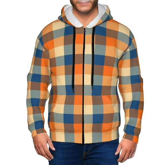 Naloa Warm Orange Plaid Men’s Hoodies, Zip up Hoodie, Sweatshirts,Hoodies for Men Sizes S-3XL-X-Large