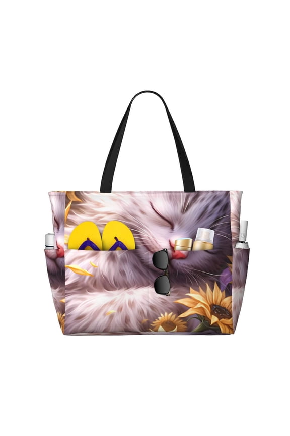 Warm Sunflower Sleeping Cat Large Capacity Beach Bag, Waterproof Sandproof Beach Swim Pool Bag Tote Bag for Women