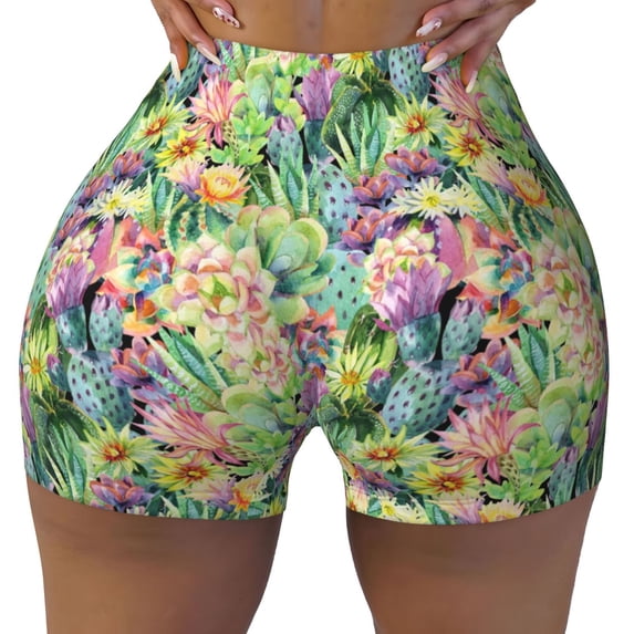 Naloa Watercolor Blooming Cactus Biker Shorts for Women Seamless Scrunch Short Women’s Yoga Shorts for Gym Running Sport Shorts - XX-Large