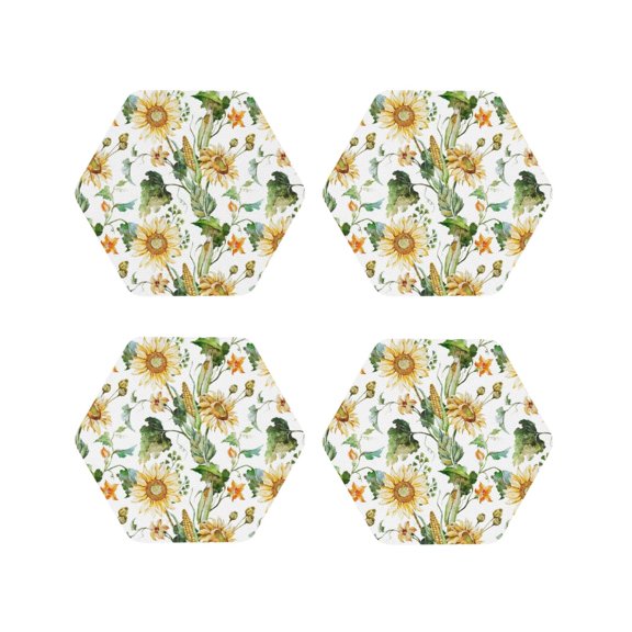 Naloa Watercolor Bright Sunflowers Leather Coasters for Drinks, Durable Drink Coasters 4 Set for Tabletop Protection, Luxurious Home Décor and Housewarming Gift ( {designName})Hexagon