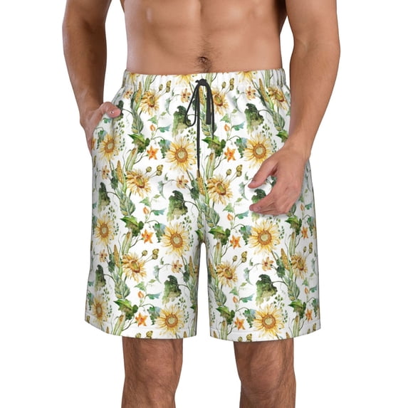 Naloa Watercolor Bright Sunflowers Men's Beach Shorts, Surfing shorts, Swim trunks, Quick Dry Swim Trunks for Surfing Beach Fun - X-Large