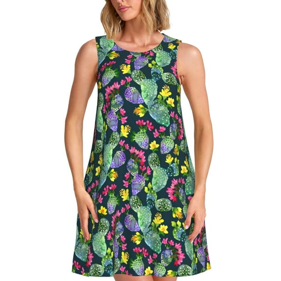Naloa Watercolor Cactuses Print Women's Summer Spring Casual Beach Sundress,Vacation Sleeveless Tank Crewneck Loose Dresses