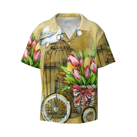 Naloa Watercolor Canary Bird Men's Loose Fit Cuban Collar Short-Sleeve Shirt with Button-down and Chest Pocket for Everyday Wear Outings - 4X-Large