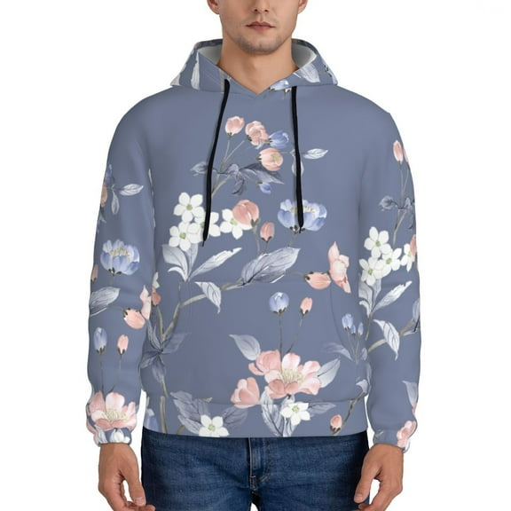 Naloa Watercolor Flowers Butterfly Men's Casual Hooded Collar Drawstring Hoodies Pullover Sweatshirts Casual Long Sleeve Shirts-Large