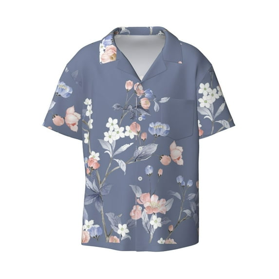 Naloa Watercolor Flowers Butterfly Men's Loose Fit Cuban Collar Short-Sleeve Shirt with Button-down and Chest Pocket for Everyday Wear Outings - Small