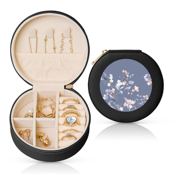 Naloa Watercolor Flowers Butterfly Round Jewelry Box, Travel Jewelry Organizer, 3.9 x 3.9 x 2in Jewelry Storage Box for Women-Black