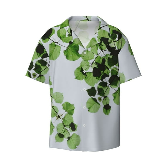Naloa Watercolor Green Leaves Men's Loose Fit Cuban Collar Short-Sleeve Shirt with Button-down and Chest Pocket for Everyday Wear Outings - 4X-Large