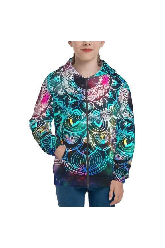 Watercolor Mandala Teenage Zipper Hoodie, Long Sleeve Zip Up Hoodies Casual Jackets Tops for 7-12 Years-Small