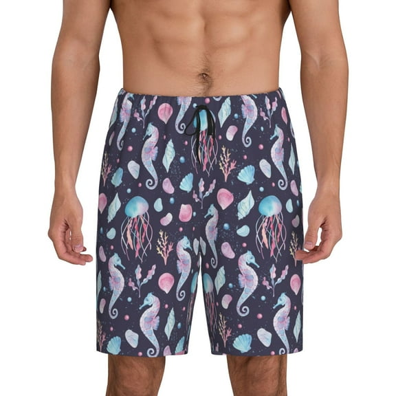 Naloa Watercolor Marine Animals Men's Short Pajama Pants, Lounge Comfort Shorts with Elasticized Waistband and Side Pockets - 4X-Large