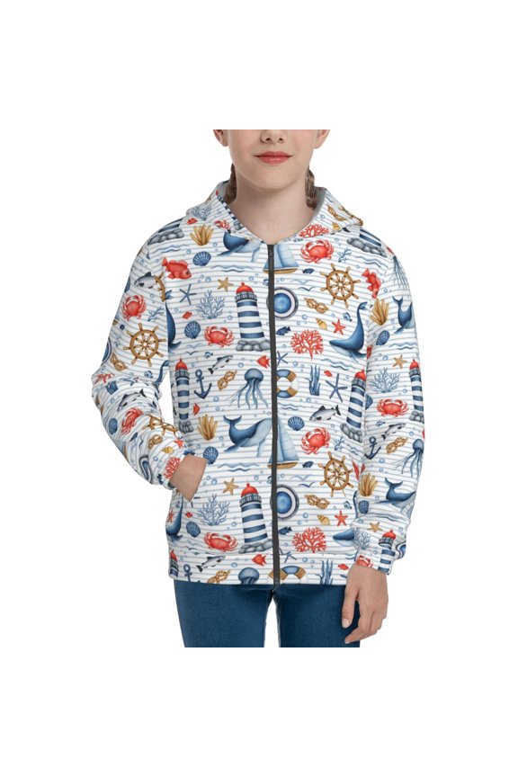 Watercolor Nautical Teenage Zipper Hoodie, Long Sleeve Zip Up Hoodies Casual Jackets Tops for 7-12 Years-Small