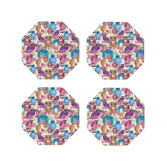Naloa Watercolor Owl Leather Coasters for Drinks, Durable Drink Coasters 4 Set for Tabletop Protection, Luxurious Home Décor and Housewarming Gift ( {designName})Octagon