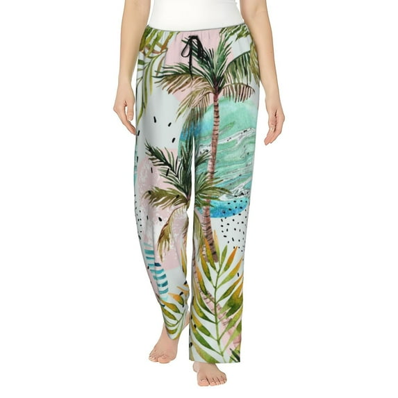 Naloa Watercolor Palm Tree Print Women’s Ultra-Soft Comfy Pajama Lounge Pants with Pockets & Drawstring