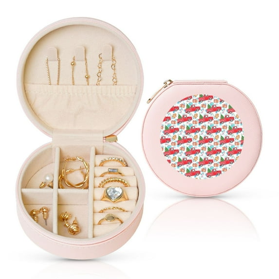 Naloa Watercolor Red Truck And Fir Tree Round Jewelry Box, Travel Jewelry Organizer, 3.9 x 3.9 x 2in Jewelry Storage Box for Women-Pink