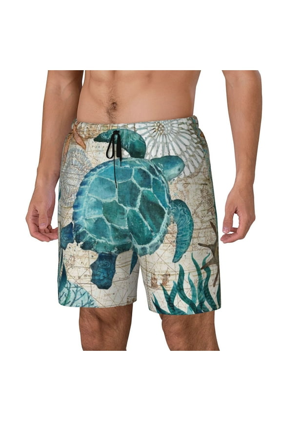 Watercolor Sea Turtle Print Men Swim Trunks with Compression Liner ,Board Shorts,Men's Swim Shorts with Drawstring and Elastic Waistband-X-Large