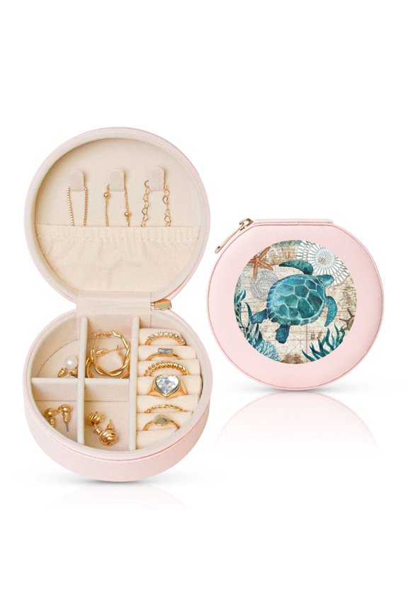 Watercolor Sea Turtle Round Jewelry Box, Travel Jewelry Organizer, 3.9 x 3.9 x 2in Jewelry Storage Box for Women-Pink