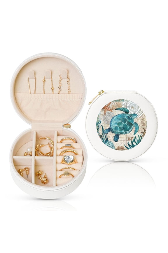 Watercolor Sea Turtle Round Jewelry Box, Travel Jewelry Organizer, 3.9 x 3.9 x 2in Jewelry Storage Box for Women-White