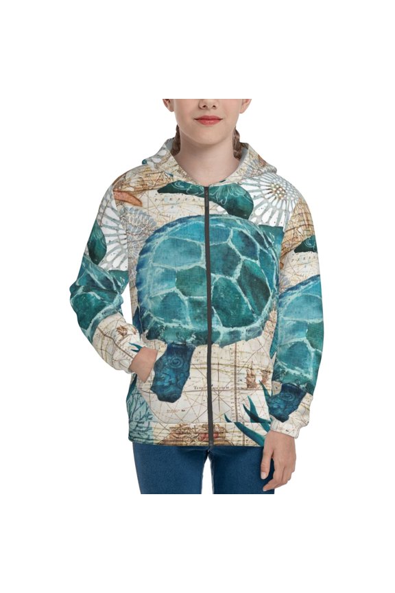 Watercolor Sea Turtle Teenage Zipper Hoodie, Long Sleeve Zip Up Hoodies Casual Jackets Tops for 7-12 Years-Medium