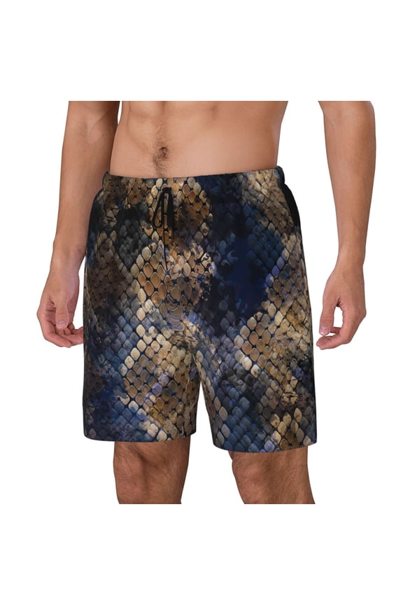 Watercolor Snake Skin Print Men Swim Trunks with Compression Liner ,Board Shorts,Men's Swim Shorts with Drawstring and Elastic Waistband-Large