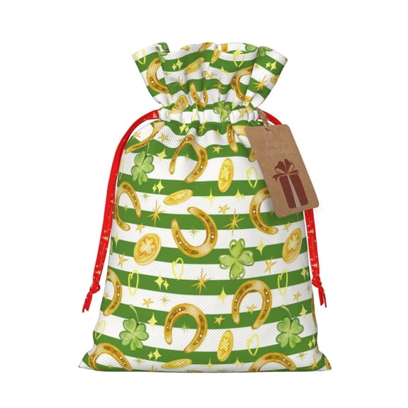 Naloa Watercolor St Patrick Day Drawstring Christmas Bags, 3D Xmas Gift Bags, Christmas Wrapping Bags, Xmas Goodie Bags, Treat Pouch Bags, Party Favor Bags-Medium