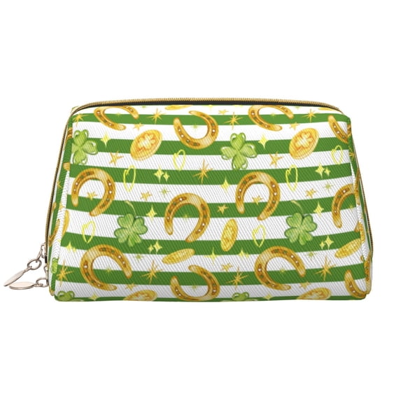 Naloa Watercolor St Patrick Day Leather Makeup Bag for Purse Travel, Portable Small Cosmetic Organizer for Women and Girls, Make up Bag with Zipper